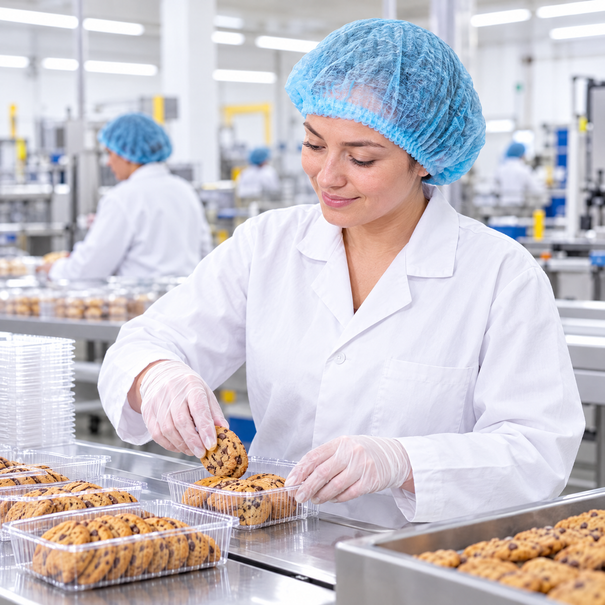 Worker wearing a TOTAL BLOK3R bouffant cap on a food packing line