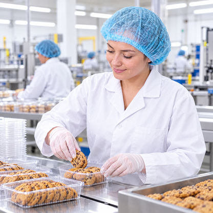 Worker wearing a TOTAL BLOK3R bouffant cap on a food packing line