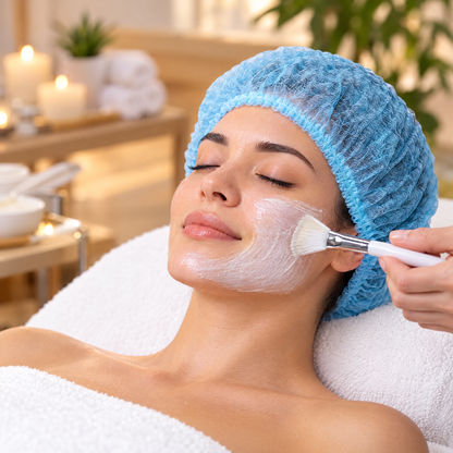 Woman wearing a TOTAL BLOK3R bouffant cap during a spa facial