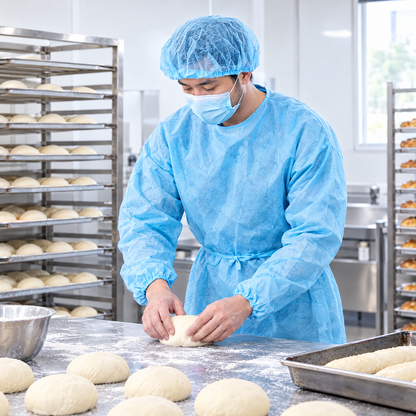 Baker wearing a TOTAL BLOK3R light blue disposable gown and cap while shaping dough