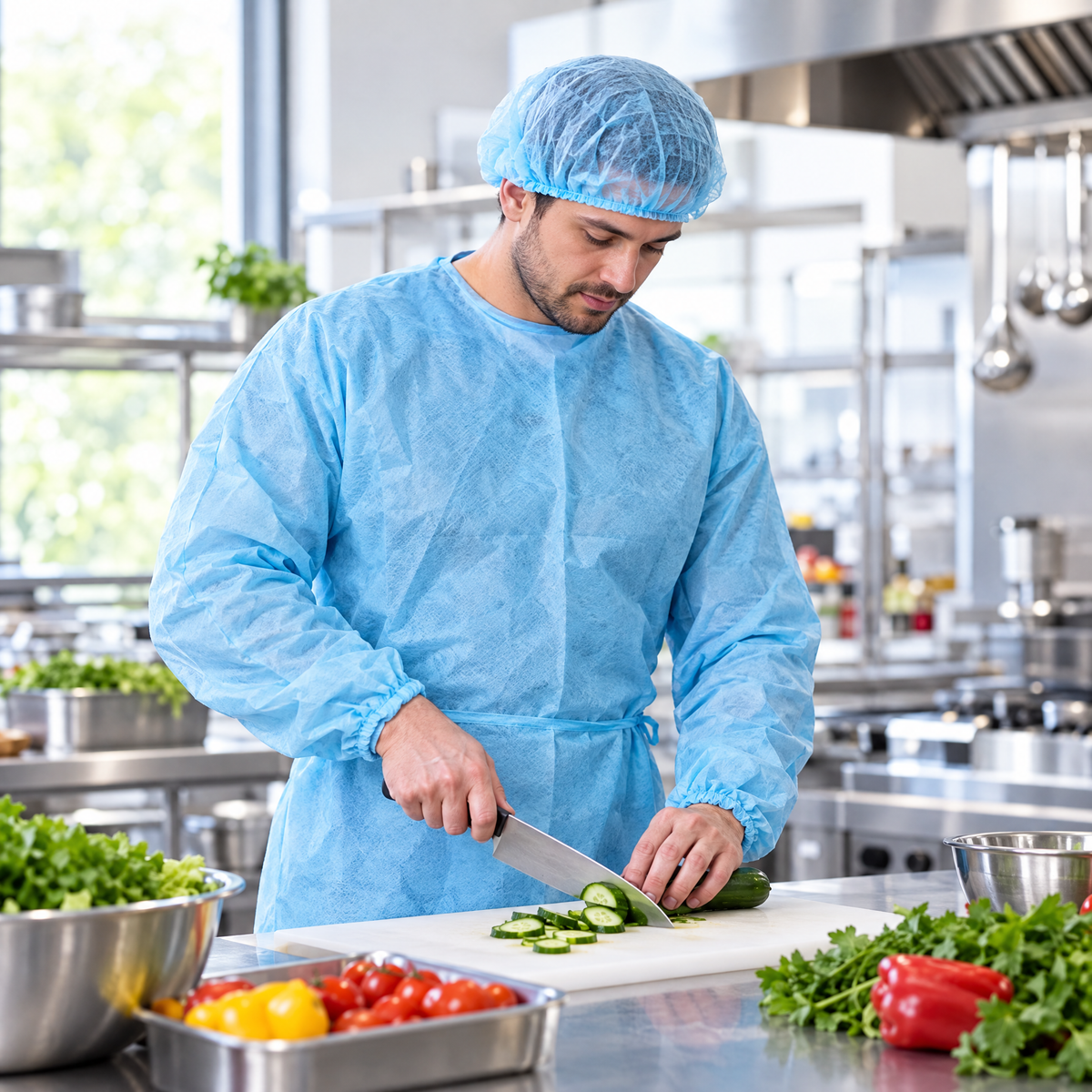 Cook wearing a TOTAL BLOK3R light blue disposable gown and bouffant cap in a restaurant kitchen