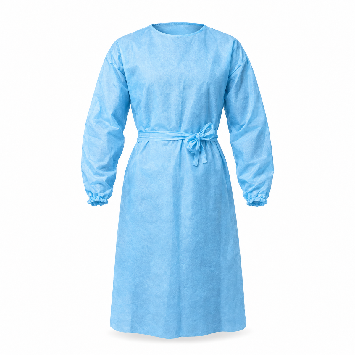 TOTAL BLOK3R light blue disposable gown, 25 gsm non-woven, long sleeves with elastic cuffs, on white background