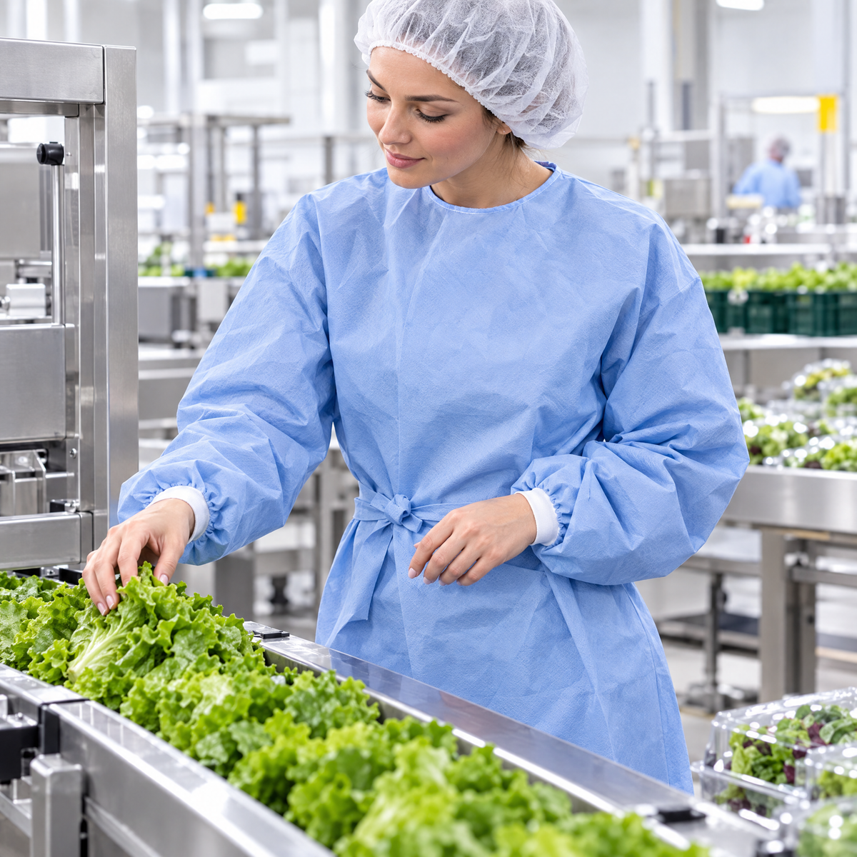 Worker wearing a TOTAL BLOK3R turquoise SMS disposable gown in a food processing plant