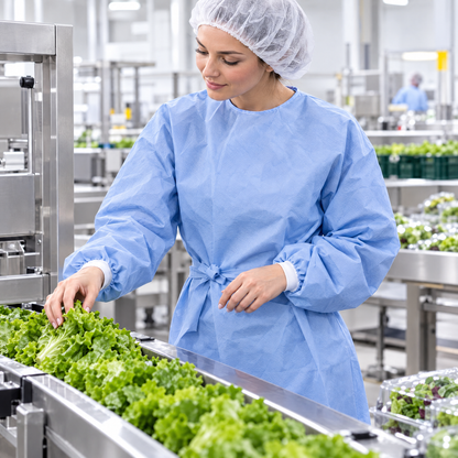 Worker wearing a TOTAL BLOK3R turquoise SMS disposable gown in a food processing plant